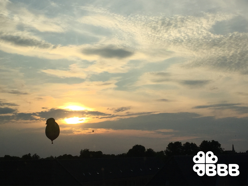 Een heteluchtballon in de vorm van een kuiken bij zonsondergang tijdens een eerdere editie van de Ballonfiësta Barneveld.